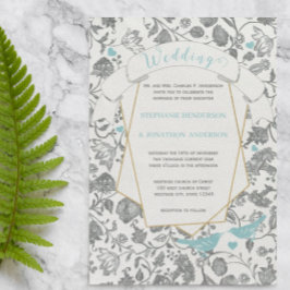 Die cut Aqua Grått Blommönster Love Bird Bröllop Inbjudningar