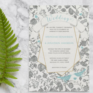 Die cut Aqua Grått Blommönster Love Bird Bröllop Inbjudningar