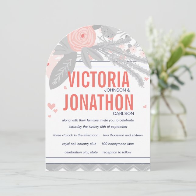 Die cut Coral Grått and Navy Blommigt Fauna Bröllo Inbjudningar (Stående Fram)