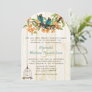 Die cut Coral och Mint Vintage Love birds Inbjudningar