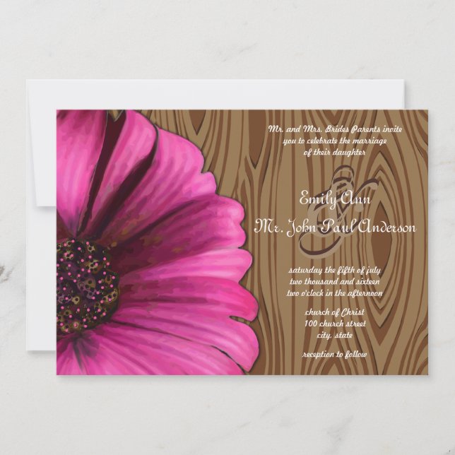 Die cut Fuchsia Gerber Daisy Wood Grain Bröllop Inbjudningar (Framsida)