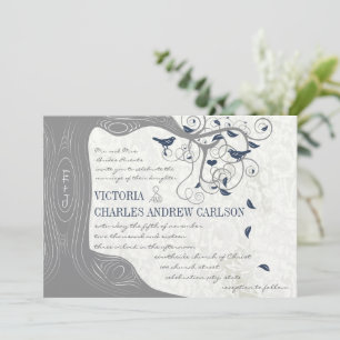 Die cut Grått Navy Love Bird Wedding Investigation Inbjudningar