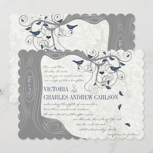 Die cut Grått Navy Love Bird Wedding Investigation Inbjudningar (Fram/baksida)