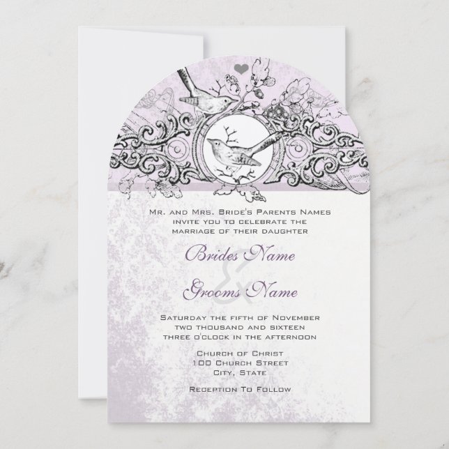 Die Cut Love Bird Lavendel Scroll  Bröllop Inbjudningar (Baksida)