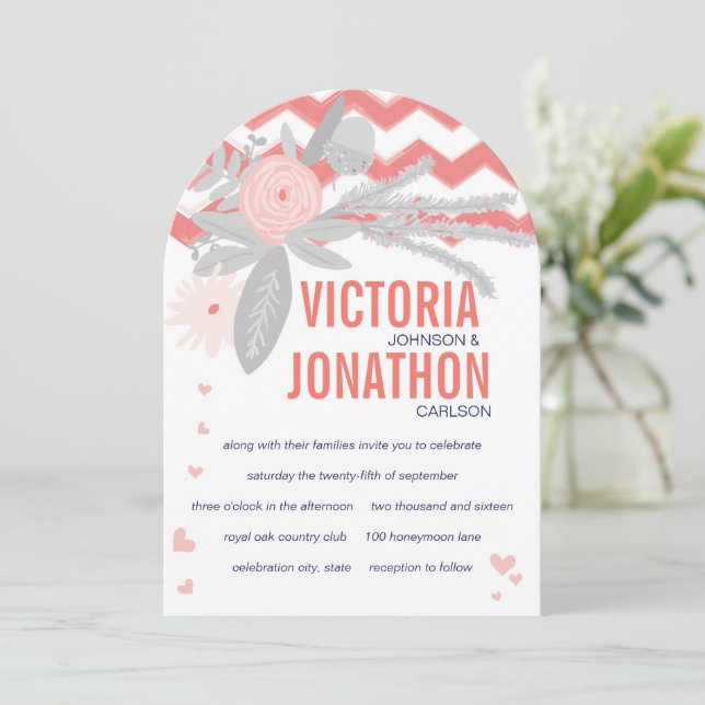 Die cut Peachy Rosa Grått Navy Blommigt Fauna Bröl Inbjudningar (Stående Fram)