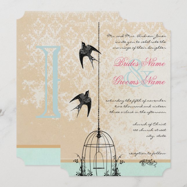 Die cut Rustic Love Bird Birdcage Bröllop Inbjudningar (Fram/baksida)