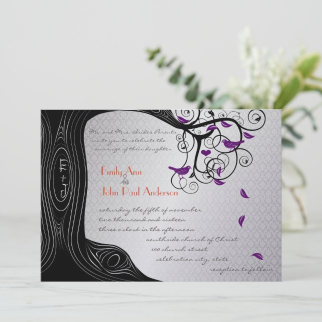 Die cut Träd Silver Lila Bird Wedding bjudande in Inbjudningar (Stående Fram)