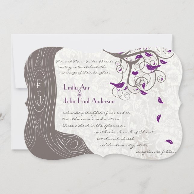Die cut Violet Bird Romantic Initialer i Trunk Inbjudningar (Framsida)