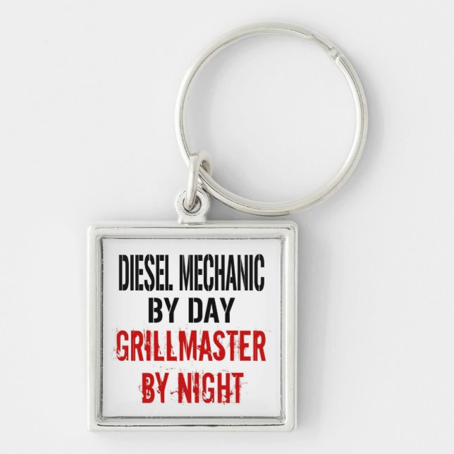 Diesel Mechanic Grillmaster Fyrkantig Silverfärgad Nyckelring (Framsidan)