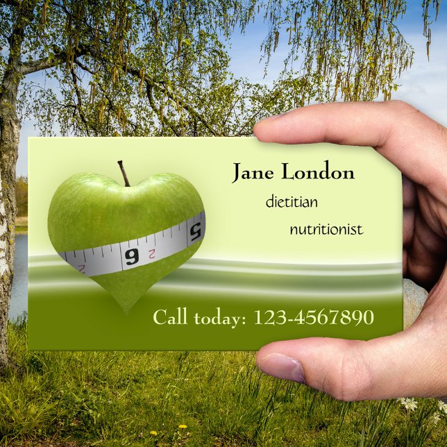 Dietititistisk Grönt Heart-Affärskort Visitkort (Business card for a nutritionist or dietitian showing an apple in heart shape with a measuring tape)