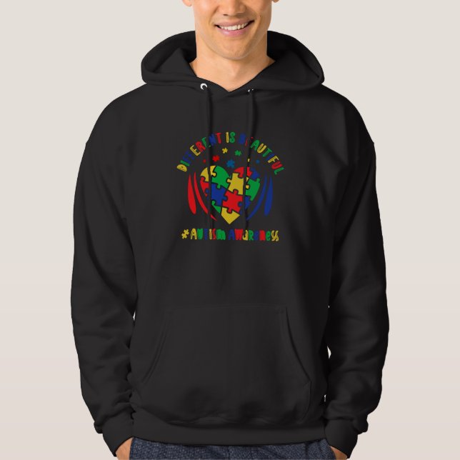 Different Is Beautiful Autism Awareness Heart Puzz Hoodie (Framsida)