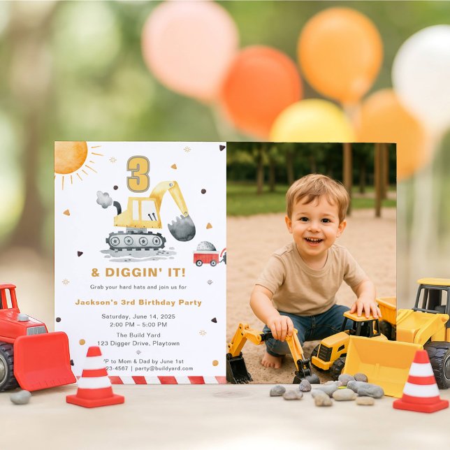 Digger Truck Construction 3rd Birthday Party Photo Inbjudningar (Skapare uppladdad)