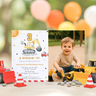 Digger Truck Konstruktion 3-års födelsedagsfest Fo Inbjudningar