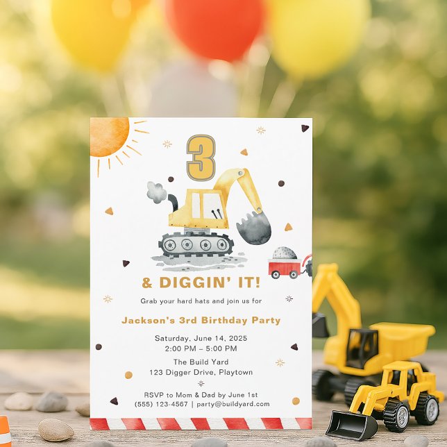 Digger Truck Konstruktion 3-års födelsedagsfest Inbjudningar (Skapare uppladdad)