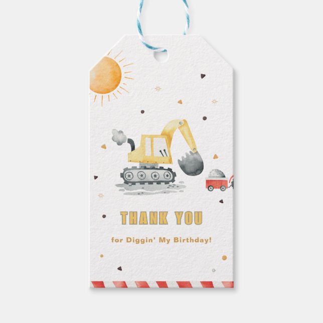 Diggin’ It Construction Birthday Thank You Presentetikett (Framsidan)