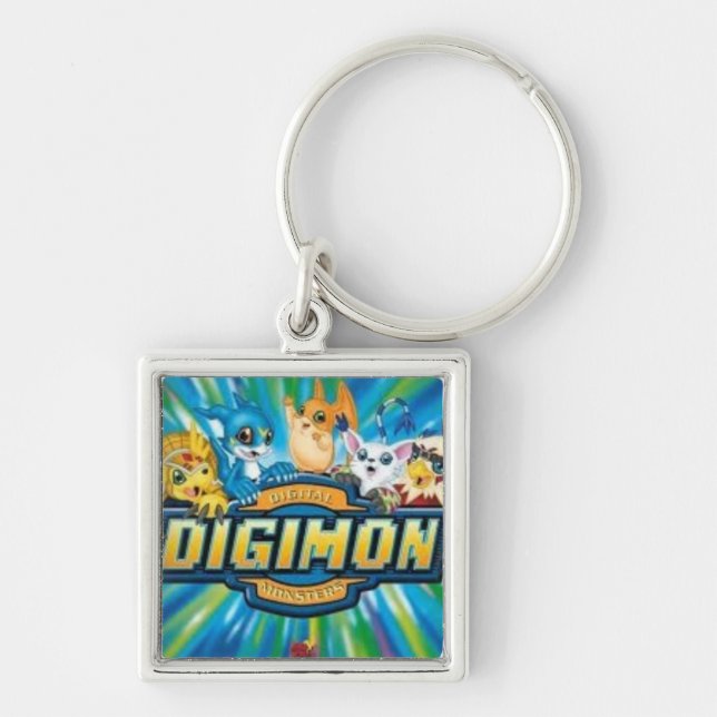 Digimon keychain fyrkantig silverfärgad nyckelring (Framsidan)