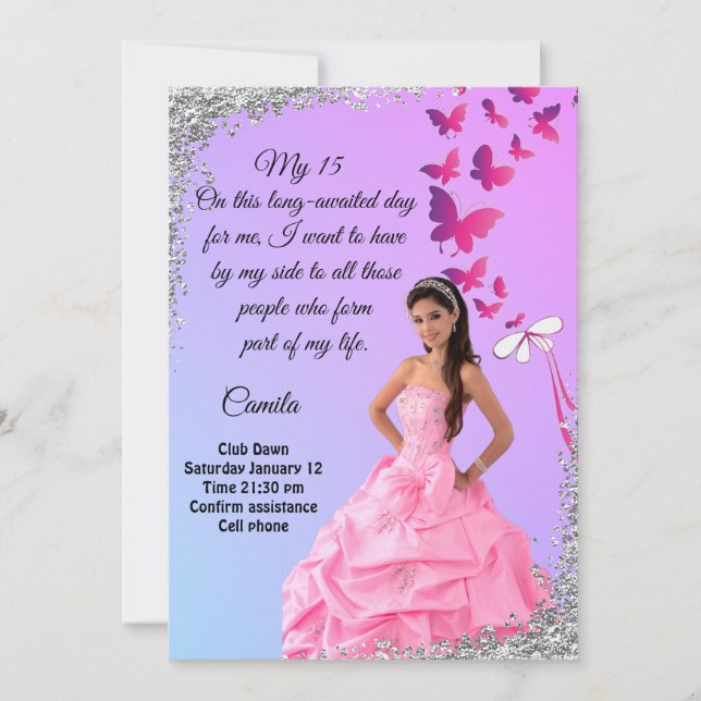 digital 15th birthday card, flower and butterfly  inbjudningar (Framsida)