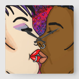 Digital Art Romantic Kiss Fyrkantig Klocka
