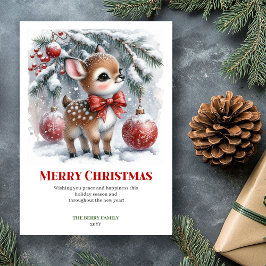 Digital Baby Deer Snowy Forest Watercolor Greeting Julkort
