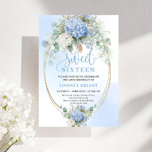 Digital Blå Blommig Guld Sweet Sixteen-firande Inbjudningar