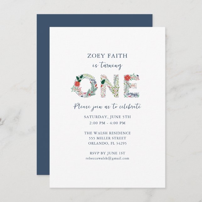 Digital Blommigt 1:a Flick kalas Inbjudningar (Fram/baksida)