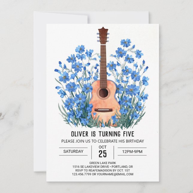 Digital Blue Guitar Boy Birthday Inbjudningar (Framsida)