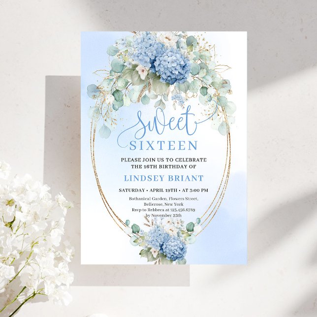 Digital Blue Hydrangea Gold Sweet Sixteen Invite Inbjudningar (Digital Blue Hydrangea Gold Sweet Sixteen Invitation)