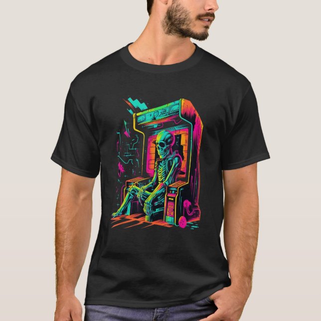 Digital Bones  Skeleton in Arcade Machine EDM Desi T Shirt (Framsida)