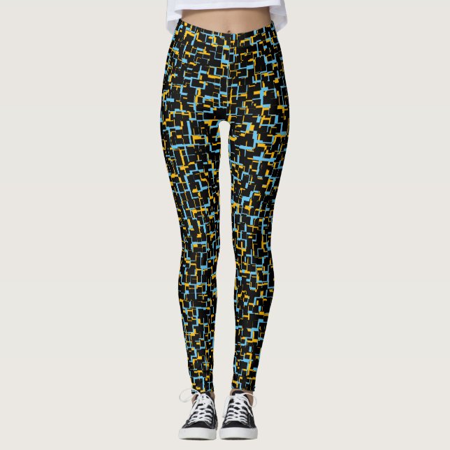 Digital Camo Black Blue Gult Mönster Leggings (Framsida)