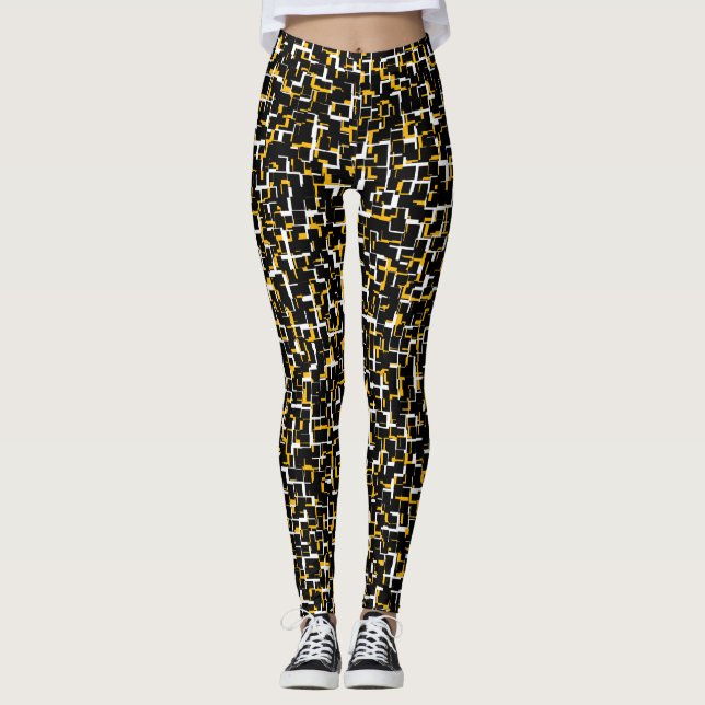 Digital Camo Black White Gult Mönster Leggings (Framsida)