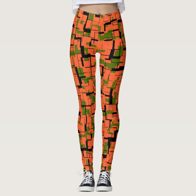 Digital Camo Grönt Orange Black Mönster Leggings (Framsida)
