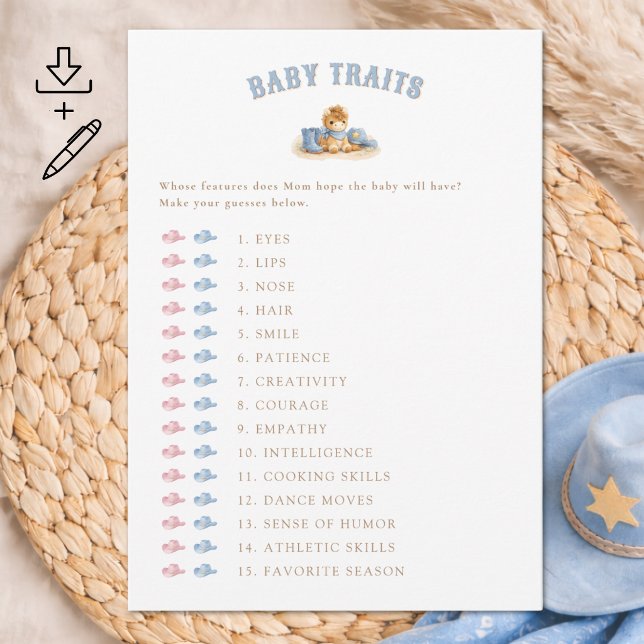 Digital Cowboy Baby Shower Game Baby Traits Card Inbjudningar (Skapare uppladdad)