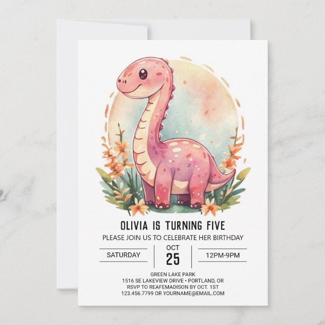 Digital Cute Funny Dinosaur Girl Birthday Inbjudningar (Framsida)
