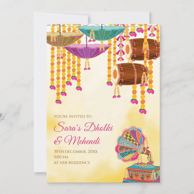 Digital Dholki bjuder in Mehndi-inbjudningar, Mehn Inbjudningar (Framsida)