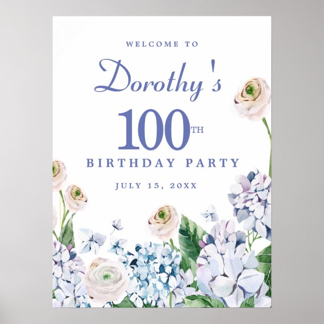 Digital Download Hydrangea 100 Birthday Välkommen Poster (Framsidan)