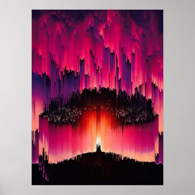 Digital Glitch Sunset Horizon Poster (Framsidan)