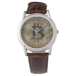 Digital Guld Bitcoin Logotyp Classic Brown Leather Armbandsur