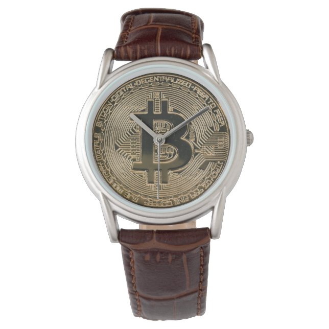 Digital Guld Bitcoin Logotyp Classic Brown Leather Armbandsur (Framsida)