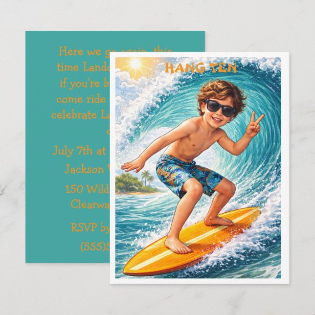 Digital inbjudan för pojkars surfingfest (Fram/baksida)