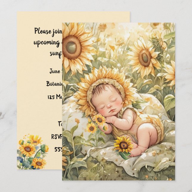 Digital inbjudan för solros-babyshower (Fram/baksida)