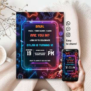 Digital inbjudan till Gamer Neon Födelsedagsfest-