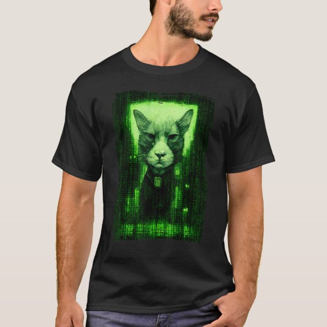 Digital katt skiss omgiven av grön datorkod Co T Shirt (Framsida)