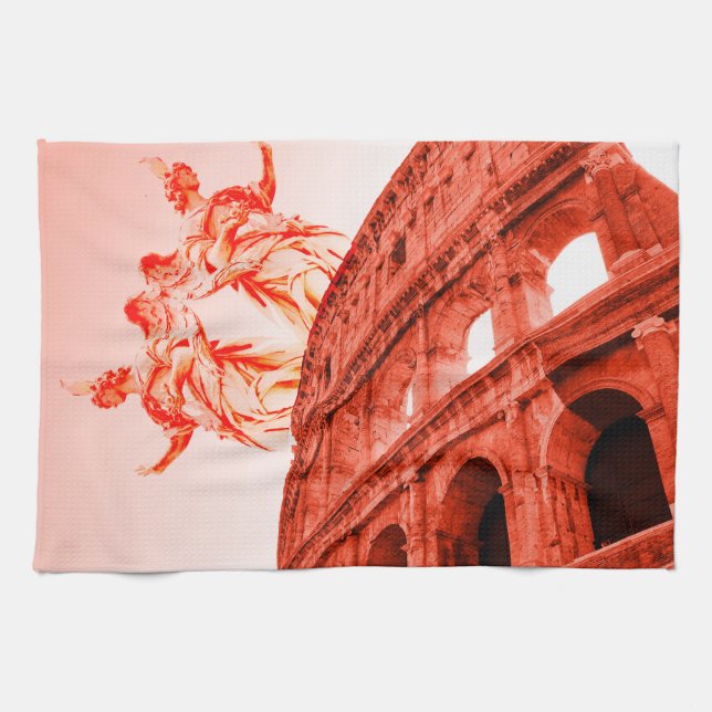 Digital konst av kolosseum och statyer/skulpturer kökshandduk (Horisontell)