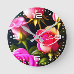 Digital konst med rosa rosblommor-48345 rund klocka