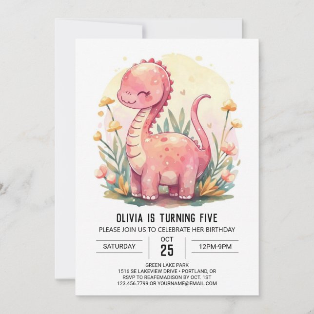 Digital Magic Elegant Dinosaur Girl Birthday Inbjudningar (Framsida)