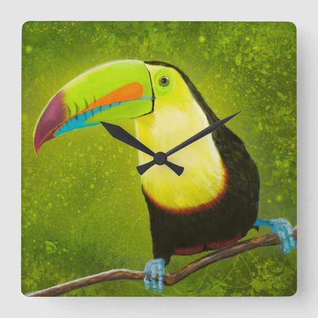 Digital målning av ett Tropiskt jungle Toucan Bird Fyrkantig Klocka (Framsida)
