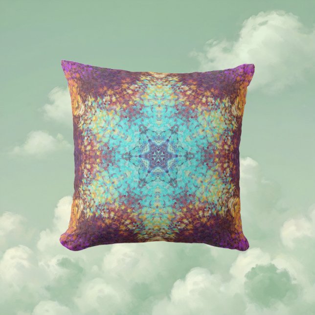 Digital Mandala Blue Gult och Lila Kudde (Blue Yellow and Purple Digital Paint Mandala Throw Pillow By Wormhole Orbital)