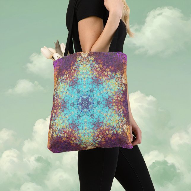 Digital Mandala Blue Gult och Lila Tygkasse (Blue Yellow and Purple Digital Paint Mandala Tote Bag By Wormhole Orbital)