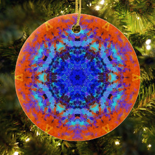 Digital Mandala Blue och Orange Julgransprydnad Keramik