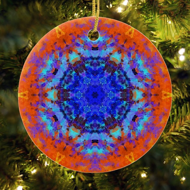 Digital Mandala Blue och Orange Julgransprydnad Keramik (Blue and Orange Digital Paint Mandala Ornament by Wormhole Orbital)
